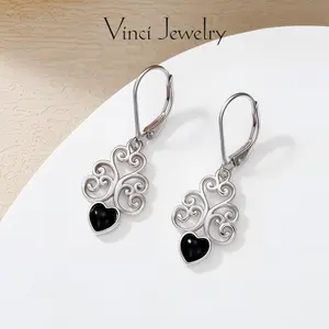 925 Syhthetic Heart Obsidian Drop Earrings with Cloud Pattern Earrings, Hypoallergenic Sterling Silver Dangle Earrings, Vintage and Romantic Ear Jewelry for Women, Safe for Gift to Her, with Gift Box, for Daily Wear and Party