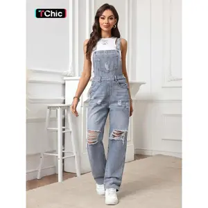Women's Plain Pocket Ripped Denim Overall Jumpsuit, Casual Adjustable Strap Button Straight Leg Overalls for Daily Wear, Ladies Clothes for All Seasons, Casual Comfy Overalls（gift） Womenswear Basic