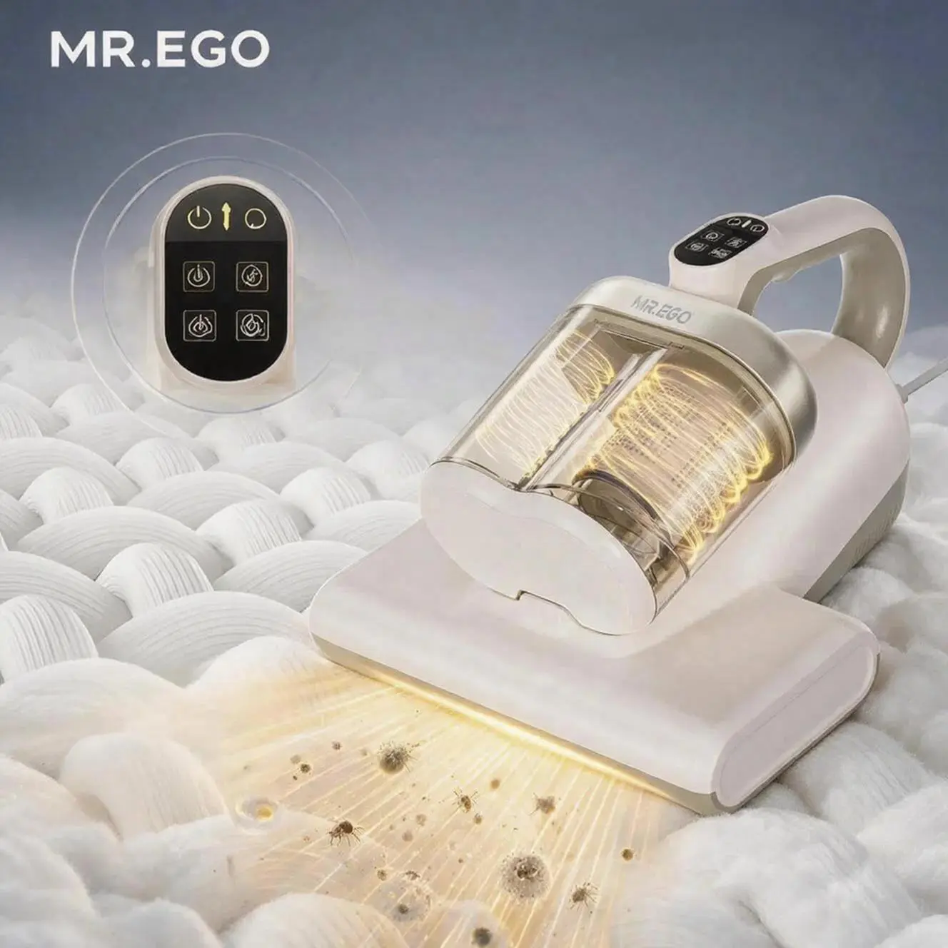 Mr.EGO 3-in-1 Corded Handheld Upholstery Vacuum - Dust Removal Machine with Powerful Suction, 1-Button Control, Dual-Wheel Gravity UV Safety Shield, HEPA Filter, Clog-Free Dual Dust Cups, LED Alerts Guiding Real-Time Cleaning, for Sofa & Mattress