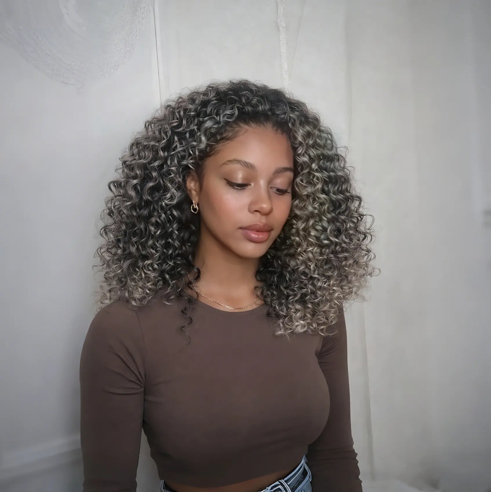 14Inch Half Wig None Lace Front Curly Wave Half Wig Wear and Go Glueless Wigs Black Mix Gray to White Curly Headband Wigs for Black Women