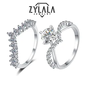 [238] 1CT Synthetic Moissanite Ring & Luxioury V-band Princess Crown Design 925 Sterling Silver Promise Ring Engagement Wedding Gift