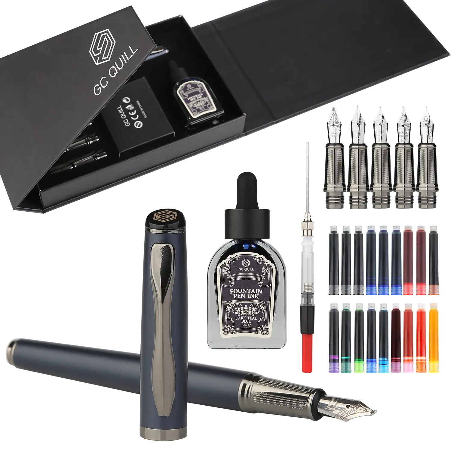 GC QUILL Classy Pen Design Fine Writing Calligraphy Fountain Pen Set - 5 Interchangeable Nibs, Ink Bottle, Refill Converter, 18 Cartridges - Gift for Writers, Office Stationery Gifting Tool, Fine Writing Pen Writing Tools Gift Pen For Writers