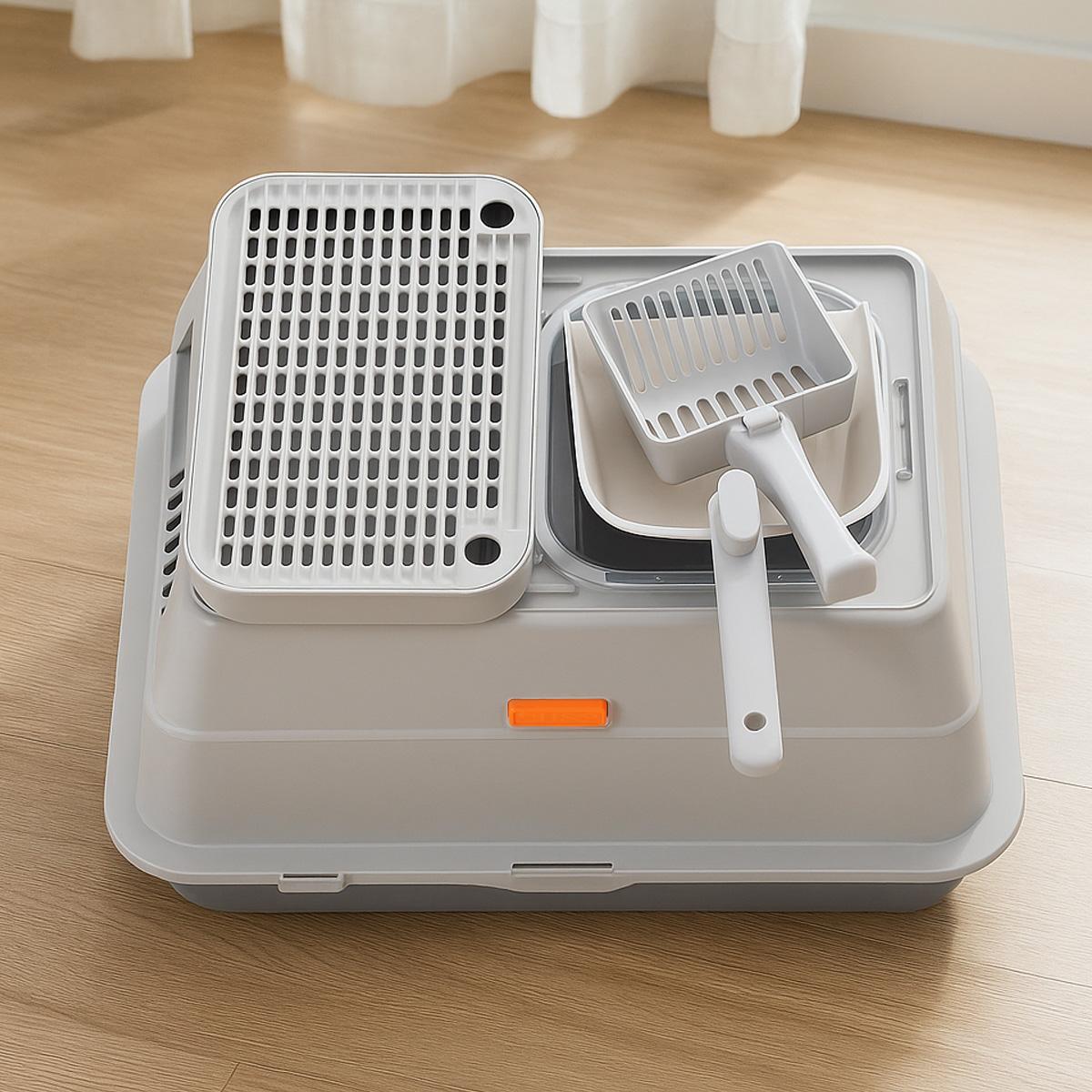 DOMIPET 3IN1 Stainless Steel Cat Litter Box 20L with Lid, XL Cat Litter Pan, Enclosed Metal Litter Box with 2x Litter Scoop & Filter Pedal, Front & Top Dual Entry, Large Metal Litter Box High Sided Design,Anti-Urine Leakage, EasyCleaning