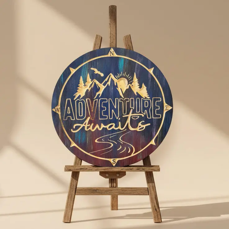 Adventure Awaits- 16" wood circle sign