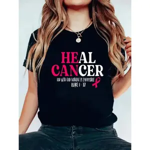 Women's Black Breast Cancer Awareness T-Shirt with Pink Ribbon & "HEAL CANCER" Letter Print, Inspirational Luke 1:37 Design, 100% Rayon, Wrinkle-Free, Quick-Dry, Round Neck Short Sleeve Tee for Casual Attire
