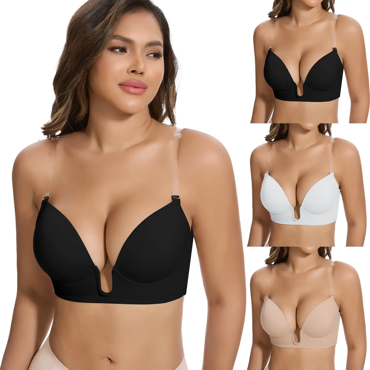 Plunge Bras for Women Backless Push Up Bras Low Cut V Neck Light Padded Bras Shaper Convertible with Clear Straps Multiway Use Backless Dress Bra for Wedding Party Prom Summer Daliy Wear