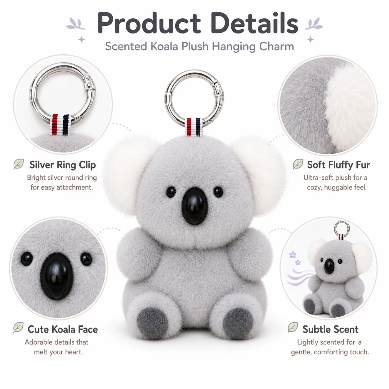 Kawaii Koala Plush Charm, Cute Scented Keychain with Fluffy Ears, Aesthetic Mood-Booster for Girls' Daily Gym Bags and Car Mirrors, Lavender Scent, Clip On, Animals