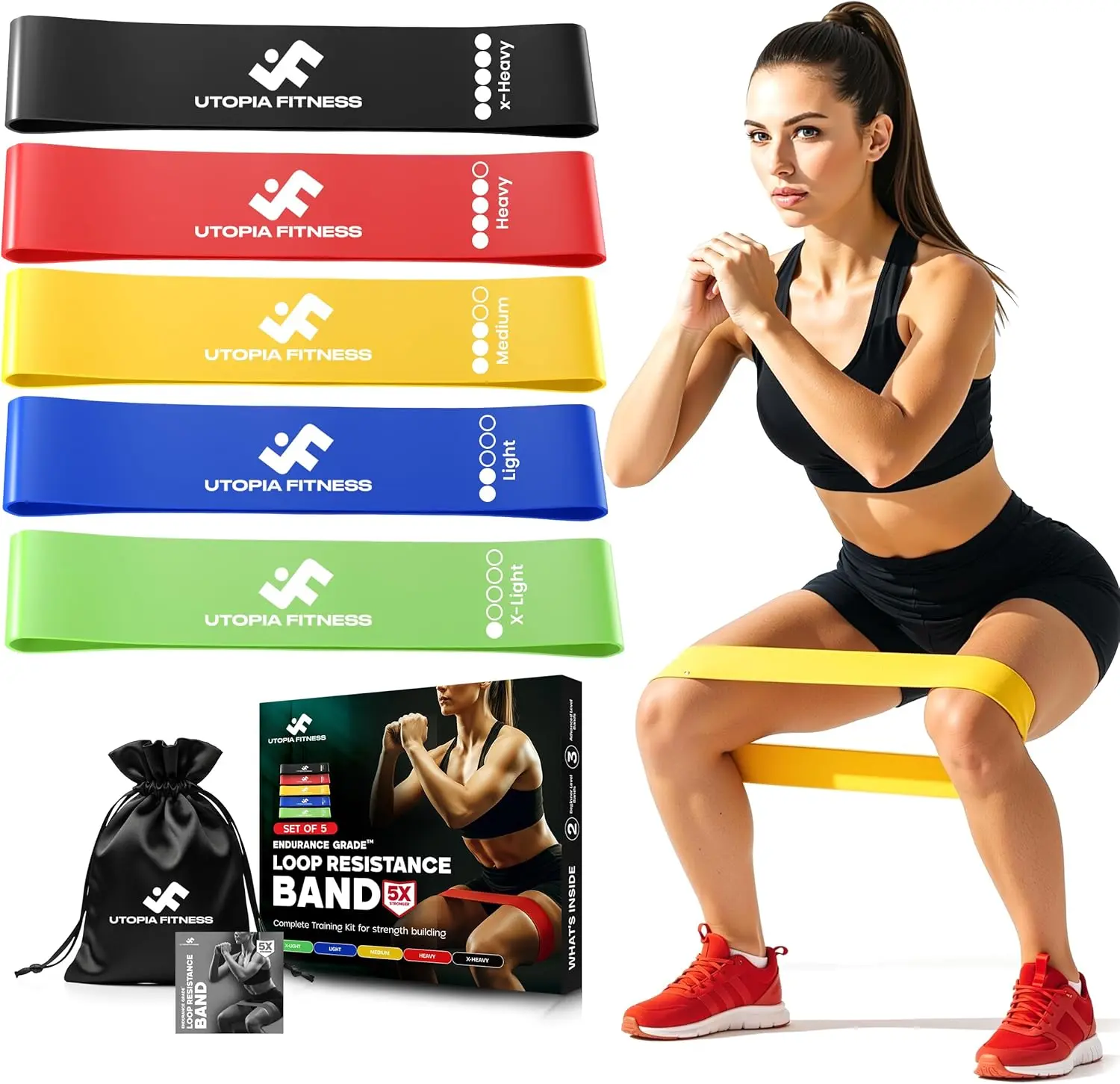 Utopia Care Women's Loop Resistance Bands - 5-Piece Natural Rubber Non-Slip Set for Gym Fitness, Home or Travel Strength Train, Glute Growth, Core Training, Yoga Equipment, Arm Workout for Woman