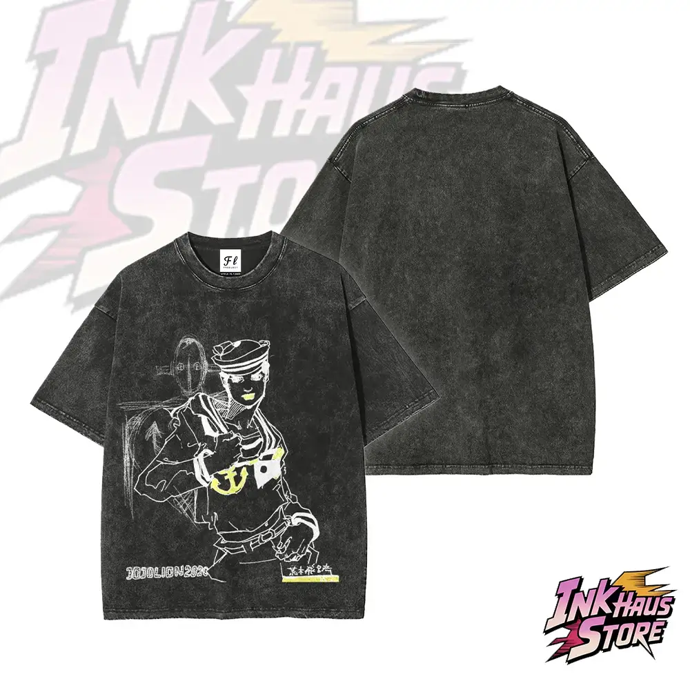 Josuke Higashikata & His Stand "Soft & Wet" JoJolion (JoJo's Bizarre Adventure Part 8) Unisex Short Sleeve Cotton Retro Acid Wash Graphic T Shirt, Vintage Graphic Tees, Graphic T Shirts