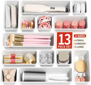 13 Pack Plastic Drawer Organizers Set, 3 Sizes Desk Drawer Organizer Trays for Vanity and Makeup Organizer, Organization and Storage for Makeup, Kitchen Utensils, Bathroom and Office(White)