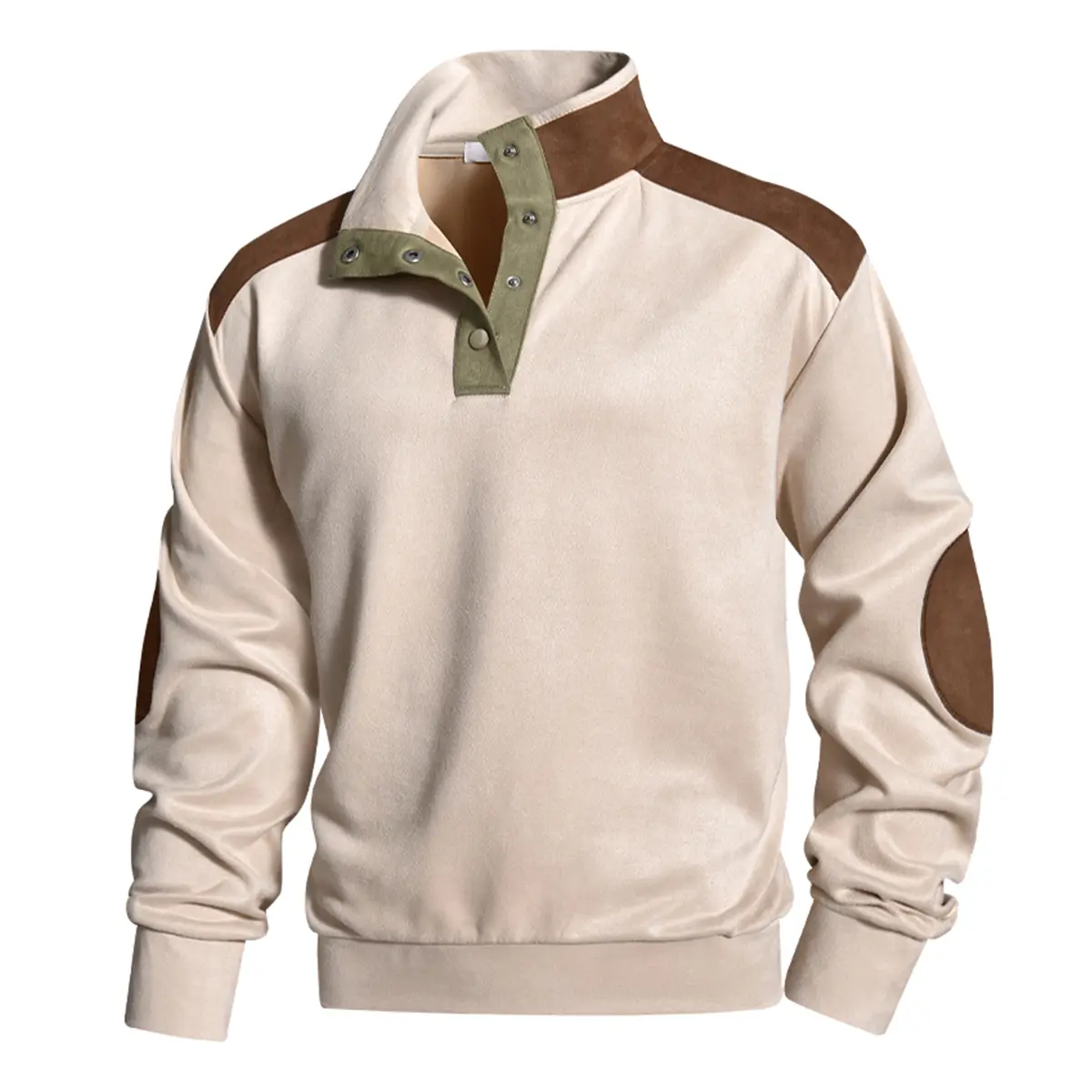 Men's Color Block Polo Sweatshirt - Menswear Long-Sleeve Snap-Button Collared Pullover with Contrast Shoulder Panels, Casual Fall Winter Top for Work, Everyday Wear, Longsleeves