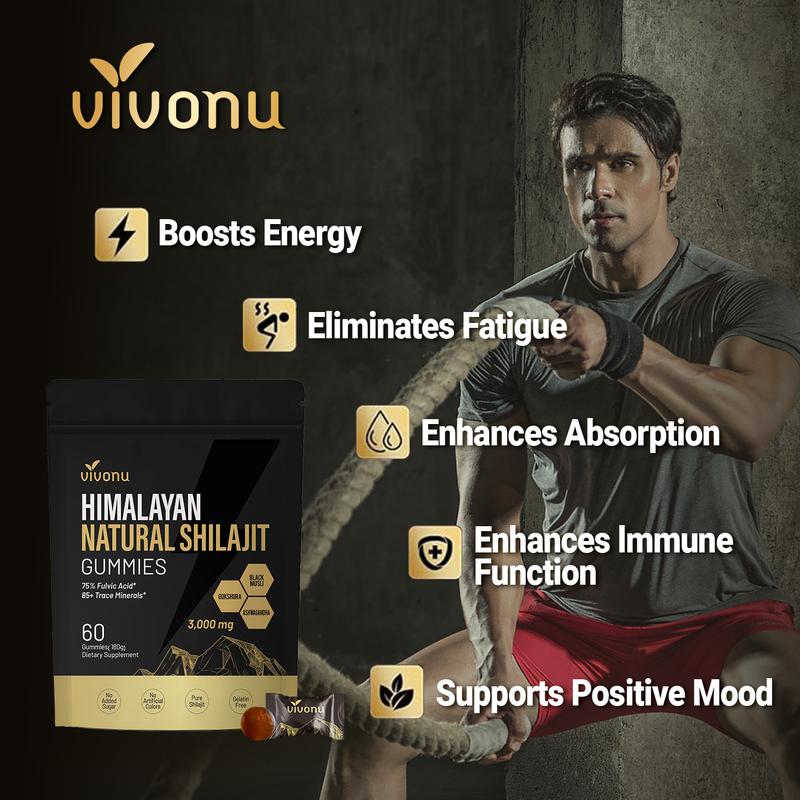 VivoNu Himalayan Shilajit Gummies | With Ashwagandha, Gokshura & other herbs | No added sugar | 60 Gummies