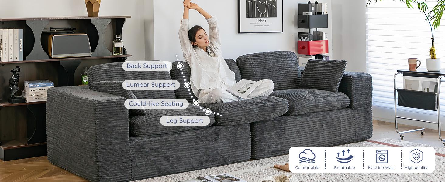 [2 Package Shipping]AECOJOY 110" Cloud Boneless Couch, Compressed Sectional Sofa with Fluffy Seat Cushions Upholstered No Assembly Required, Plush Corduroy Fabric 3-Seater Large Couch for Living Room