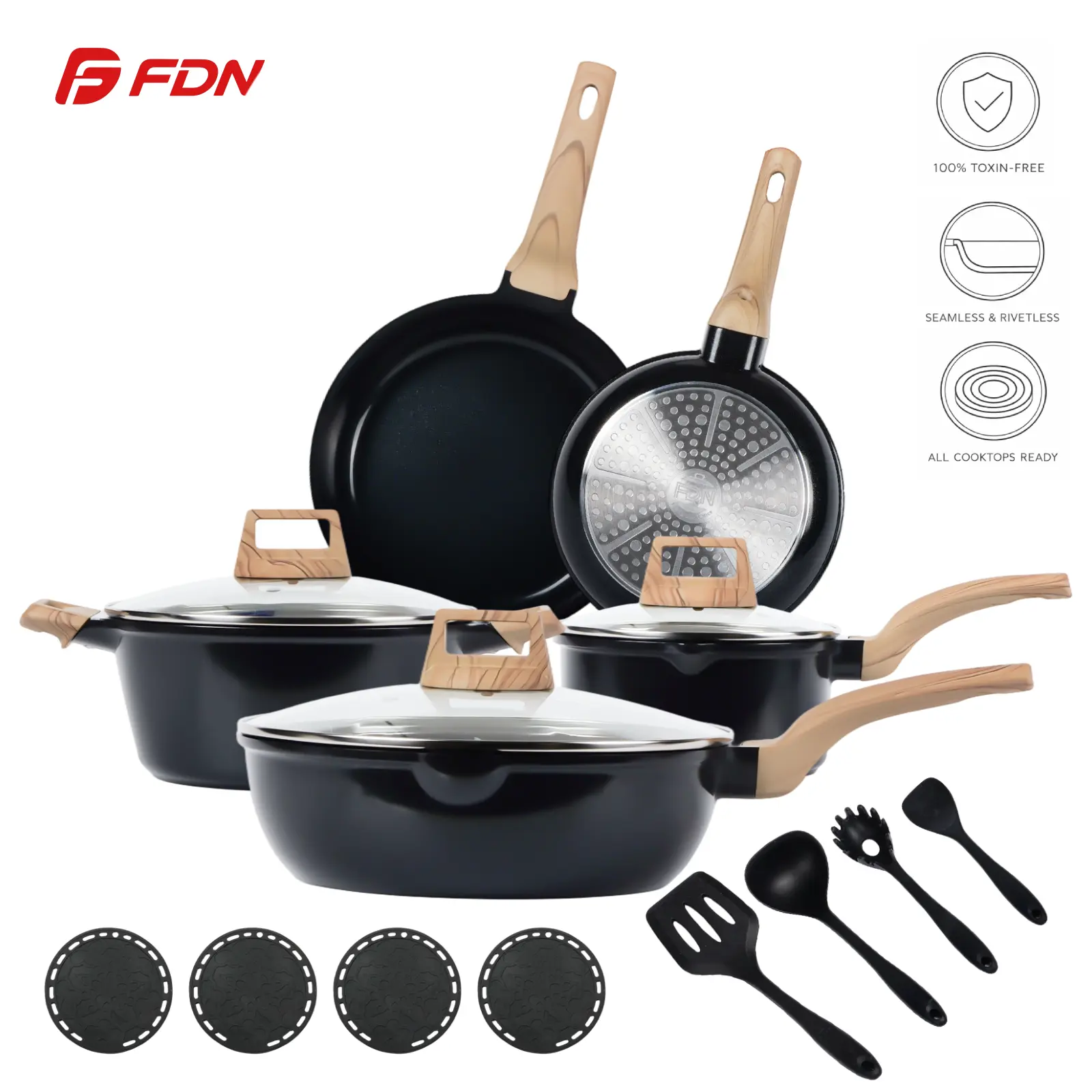 FDN 16-Piece Nonstick Ceramic Cookware Set - Induction Safe Pots and Pans Set, PFAS-Free Aluminum Core, Lids, Pasta Server, Silicone Tools, Easy Clean, Hot Spot Prevention, for Home Cooking, Cooking Kitchen Set, Cookware Sets