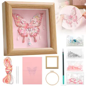 DIY French Beads Embroidery Kit for Beginners-Pink Butterfly Stitch Practice needle Kit with Photo Frame,DIY Crafts Gift for Home Desktop Decoration