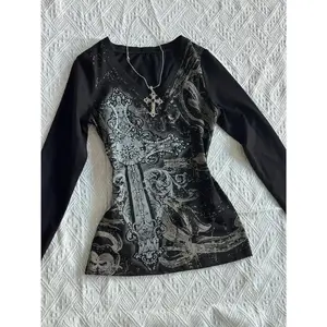 2025 2000s Y2k goth T-shirts vintage aesthetics punk Woman clothing cross graphic 90s Grunge sexy v-neck Harajuku Long sleeves cotton tees Top Womenswear
