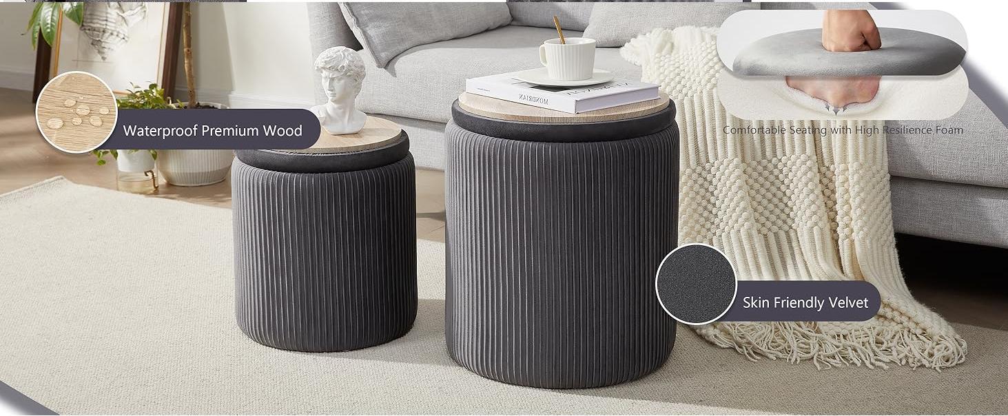 Tekinor Round Ottoman with Storage Set of 2, Vanity Stool with Storage for Bedroom, Ottoman Coffee Table,Small Velvet Foot Stool for Living Room, White