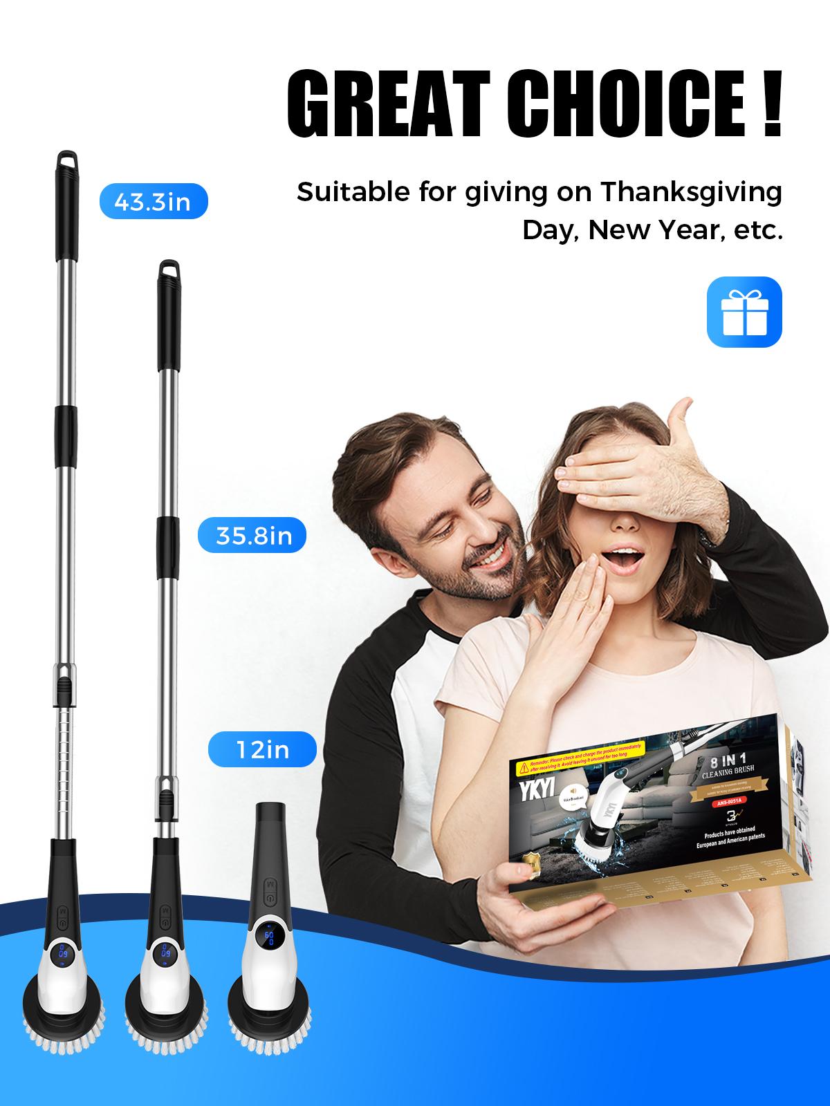 YKYI Electric Spin Scrubber with 8 Replaceable Brush Heads, 3 Adjustable Speeds, Retractable Handle, Portable Durable Cleaning Brush for Bathroom, Kitchen, Household, Fast Charging, Battery Display