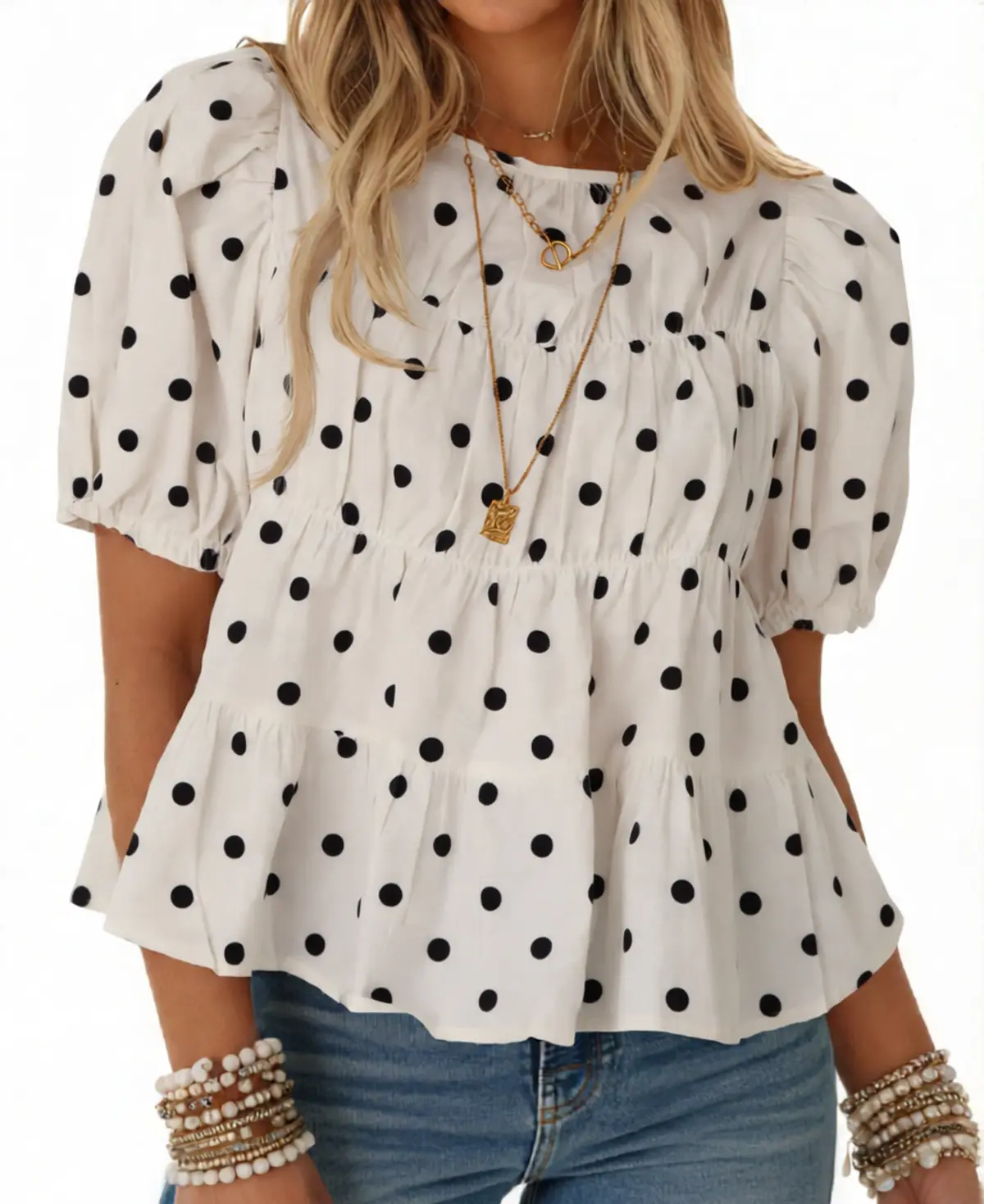 TANKANEO Women's Whimsical Polka Dot Puff-Sleeve Peplum Babydoll Blouse - 100% Cotton, Lightweight Loose-Fit Women's Fashion Top, Trending College Baby Doll Tops, Whimsical Clothes