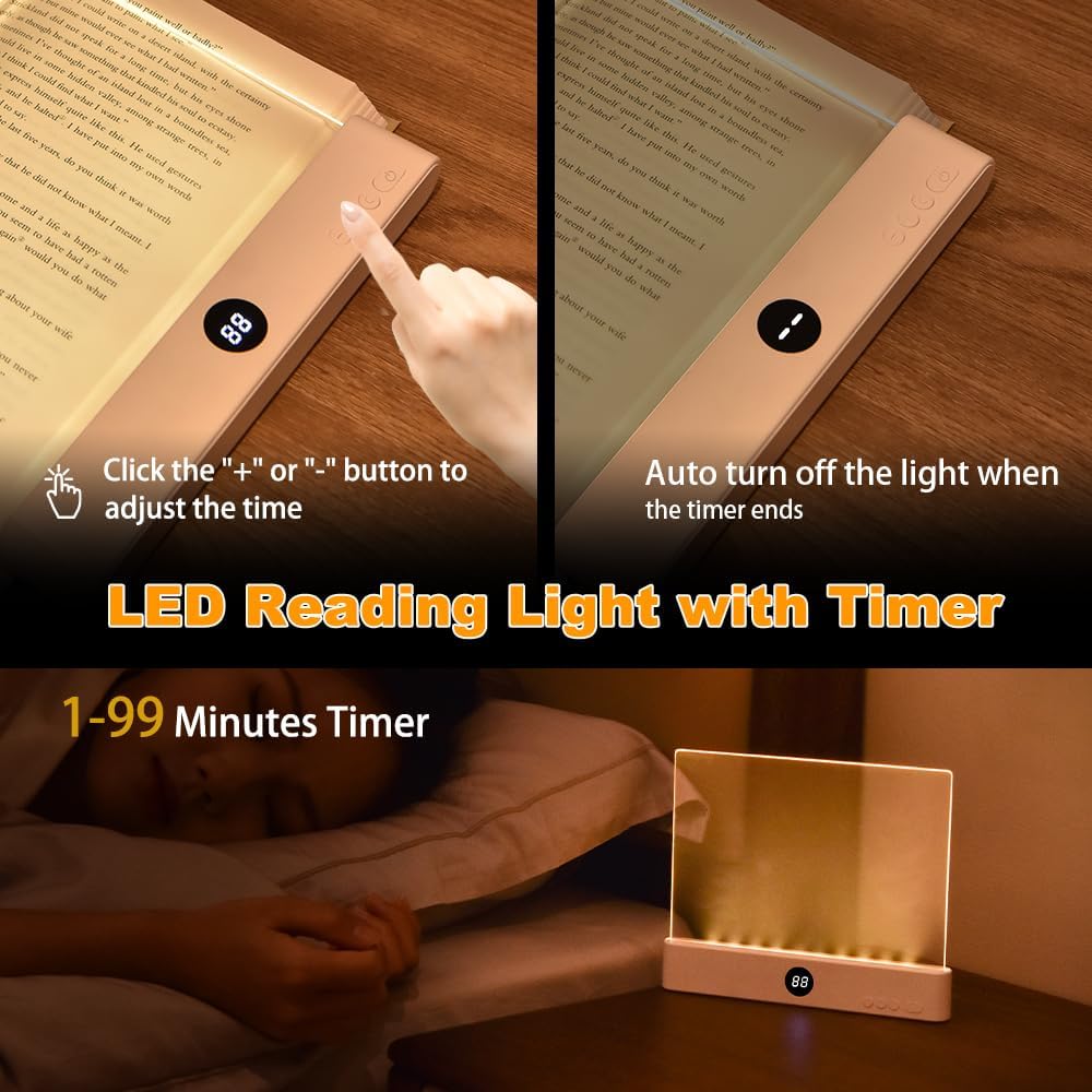 Flat Book Light, Rechargeable Clear LED Smart Reading Light with  Timer, Dimmable Full Page Panel Plate Lamp, Eye Protection, Portable Flat Reading Light for Bedside, Travel, Study