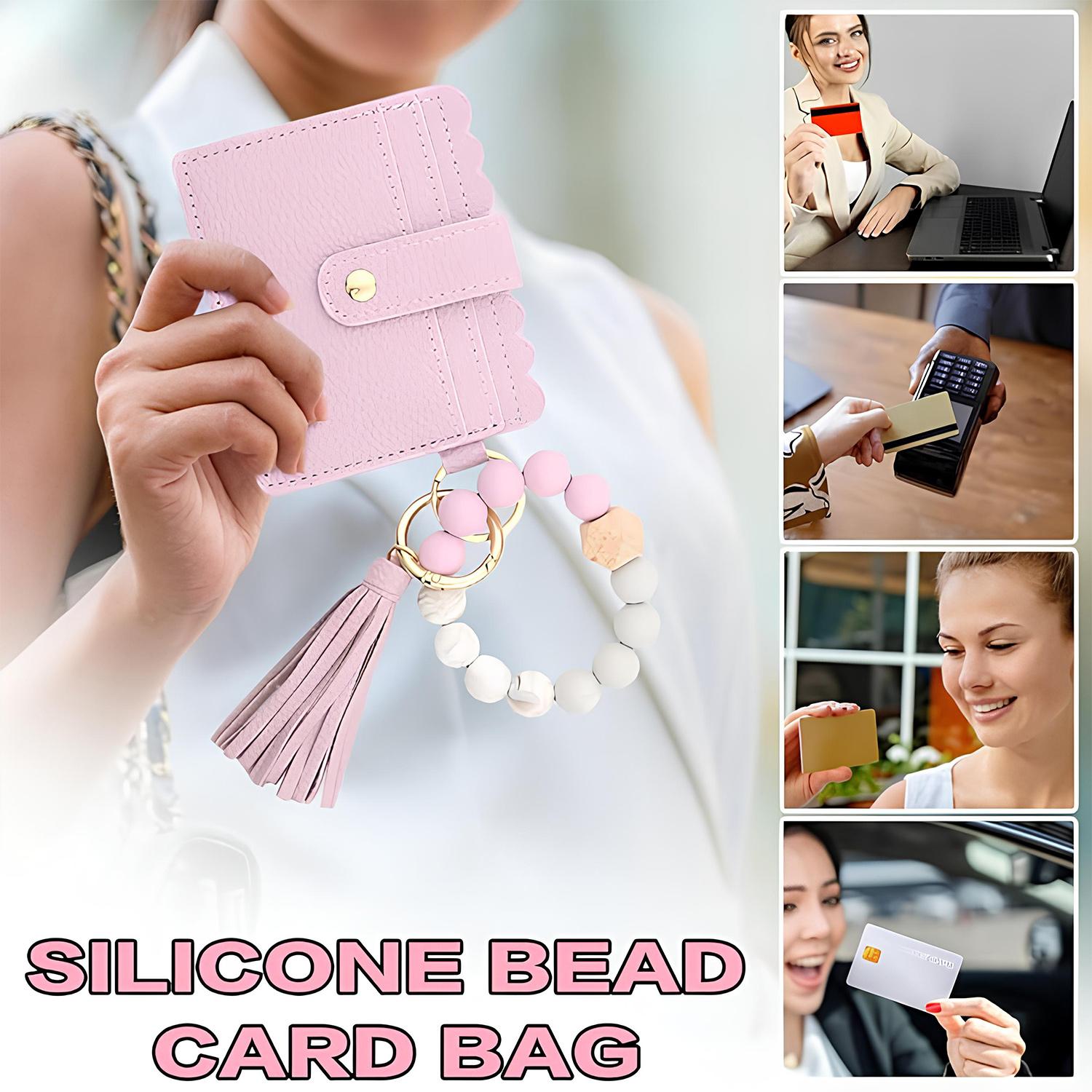 SSYERT PU Keychain Short Wallet,Leather Print Key Chain Student Bus ID Card Bag Boho Beaded Accessory Card Hand Bag Slim RFID Blocking Wristlet Small Credit Card Holder for Birthday Gift,Daily Use