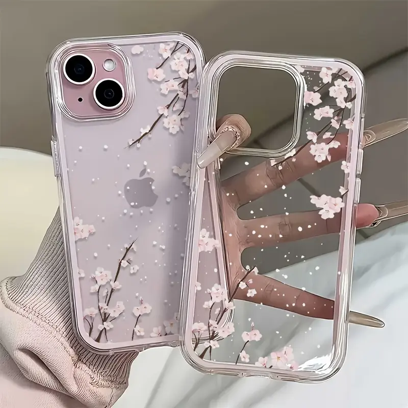 Elegant Cherry Blossom & Snowflake 3-Way Soft Material Flexible Shell Casing - Transparent Protective Smartphone Case for iPhone 17,16,15,14,13,12,11 Pro Max,14/15/16 Plus Mobile Phone Accessories