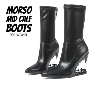 Womens Morso Mid Calf Boots Closed Pointed Toe Metallic Tiger Teeth Elegant Hollow Shaped Heeled Comfy Shark Teeth Boot Parties Concerts Autumn Fall Winter Spring Summer Club Out Going Fashion Dressy Shoes