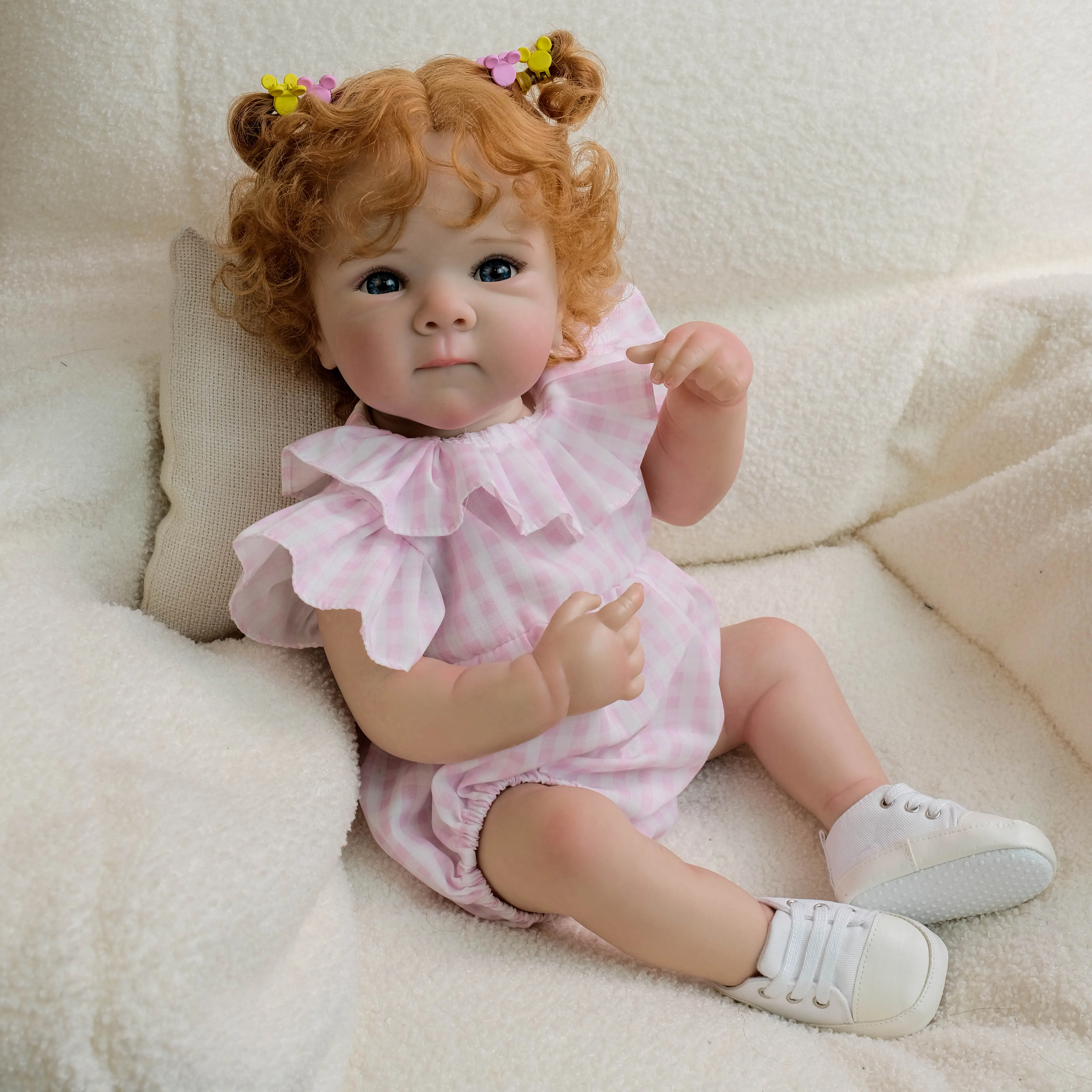 18-Inch Reborn Baby Doll Bettie, Red Curly Hair, Blue Eyes, All-Vinyl Body, Pink Gingham Romper, Weighted Stuffed Doll, Includes Clothes, Soft Cuddly Gift for Kids Age 3+ Doll Accessories