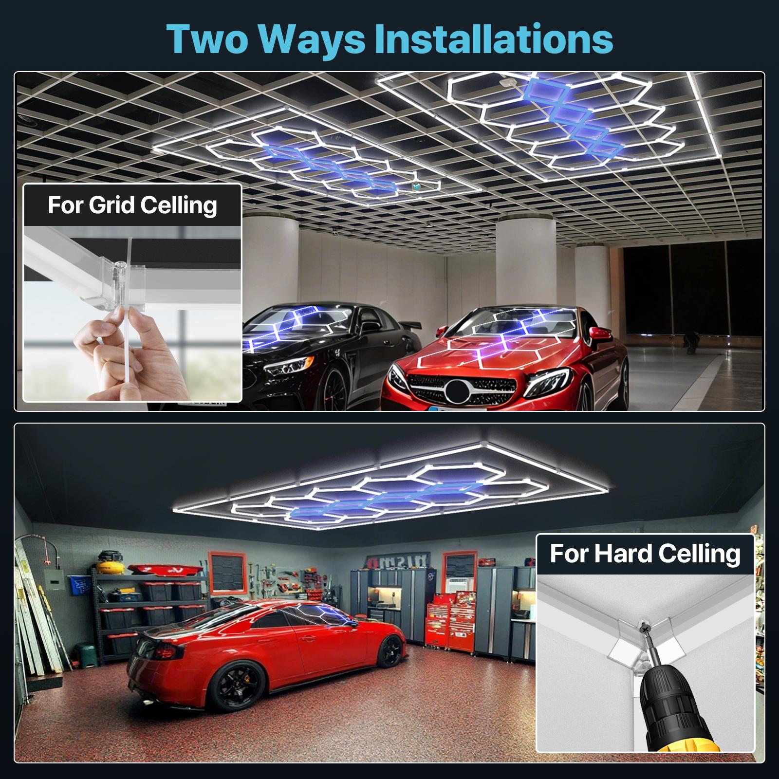 HYPERLITE Color Glow, Garage Lights, Honeycomb Design, Rectangle Frame Modular Lighting, LED Ceiling Light, 568W-624W 56800LM-62400LM, 6500K Bright White, for Garages, Workshops, Gyms, Studios,  Barber Shops, Decorative Spaces， SpringGlowUp