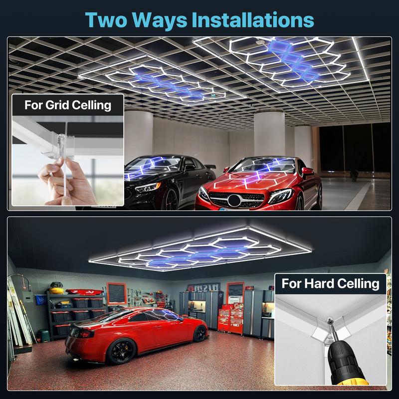 HYPERLITE Color Glow, Garage Lights, Honeycomb Design, Rectangle Frame Modular Lighting, LED Ceiling Light, 568W-624W 56800LM-62400LM, 6500K Bright White, for Garages, Workshops, Gyms, Studios,  Barber Shops, Decorative Spaces，Jumpstart newyear