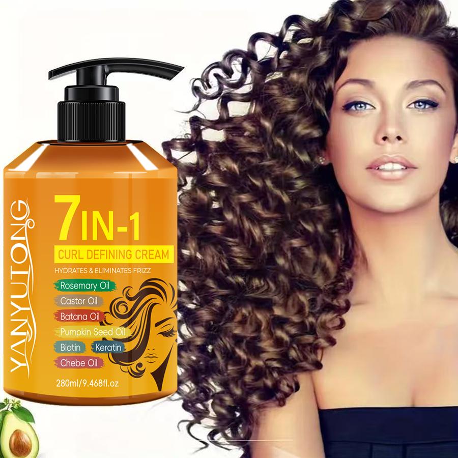 7-in-1 Curl Defining Cream 280ml — Suitable for wavy and curly hair, helps tame frizz and dullness, moisturizes and hydrates, provides a lightweight hold, keeps curls soft and bouncy, and reduces static. A styling gel-type haircare product.