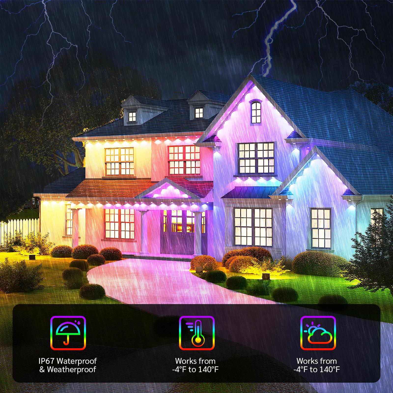 HYPERLITE Smart Outdoor Eaves Lights RGB IC Color Changing IP68 Waterproof LED Strip with App and Remote Control Roof Lighting Dimmable Energy Saving Timer Mode Music Sync Adjustable Brightness for DIY Home Decor SpringGlowUp