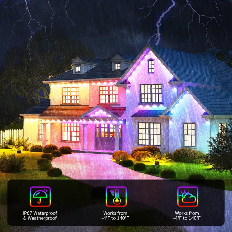 HYPERLITE Smart Outdoor Eaves Lights RGB IC Color Changing IP68 Waterproof LED Strip with App and Remote Control Roof Lighting Dimmable Energy Saving Timer Mode Music Sync Adjustable Brightness for DIY Home Decor Jumpstart newyear