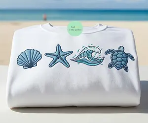 Turtle Coastal Sweatshirt, Four Sea Shells Embroidered Crewneck,  Summer Beach Shirt, Nautical Hoodie, Ocean Shell Lover Gift Embroidery Tee