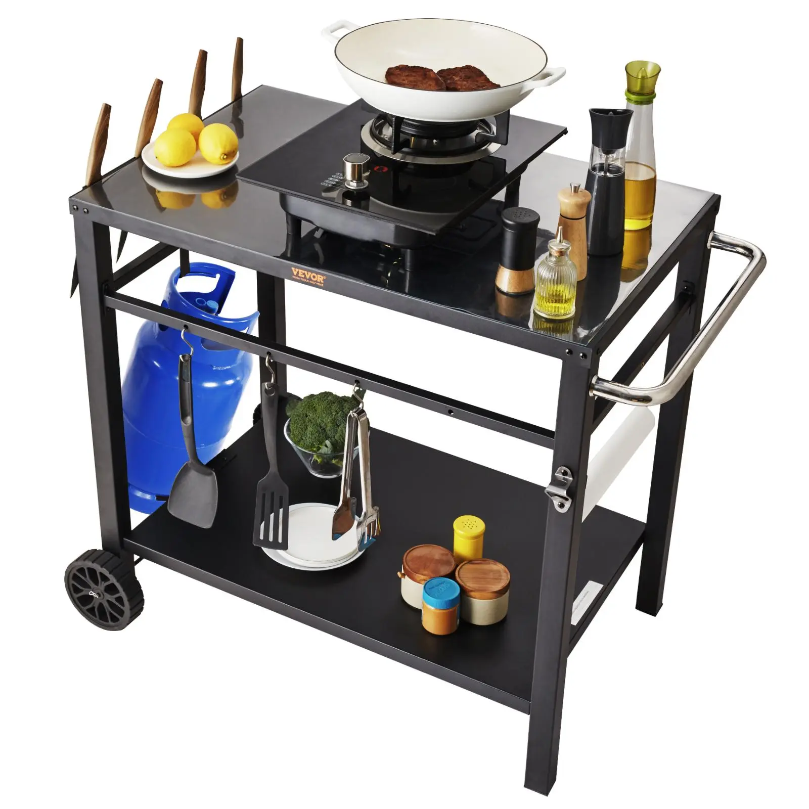 【SummerFinds】VEVOR Outdoor Grill Dining Cart with Double-Shelf,  , BBQ Movable Food Prep Table, Multifunctional Iron Table Top, Portable Modular Carts for Pizza Oven, Worktable with 2 Wheels, Carry Handle, Black