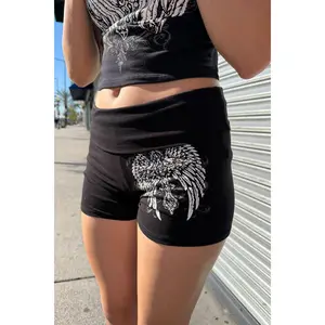 Y2K McBling Cross & Wing Graphic Rhinestone Print Fold-Over Shorts