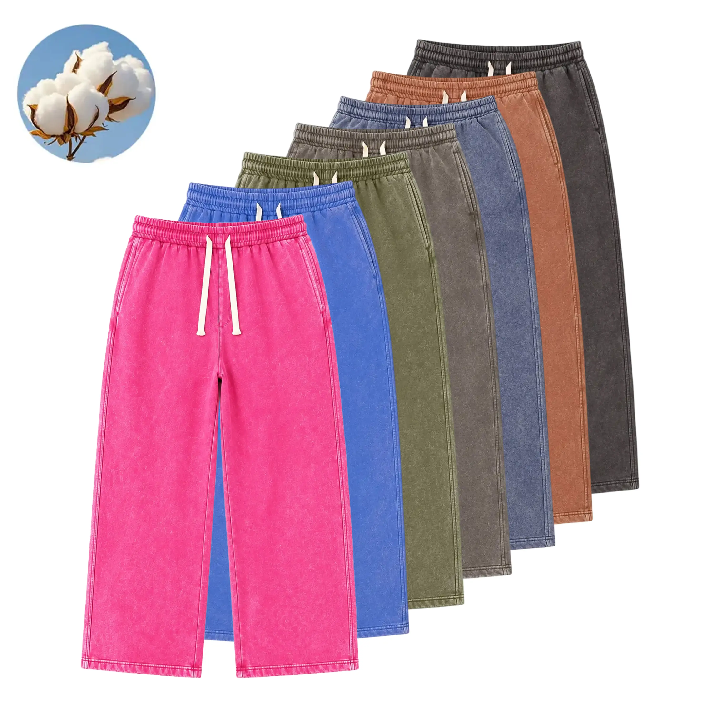 Men’s Solid-Color Acid-Wash Cotton Fleece Sweatpants - Autumn-Winter Straight-Leg Long Pants with Water-Washed Finish, Premium Feel, Campus Look, Women’s Option Available, Cotton Sweatpants