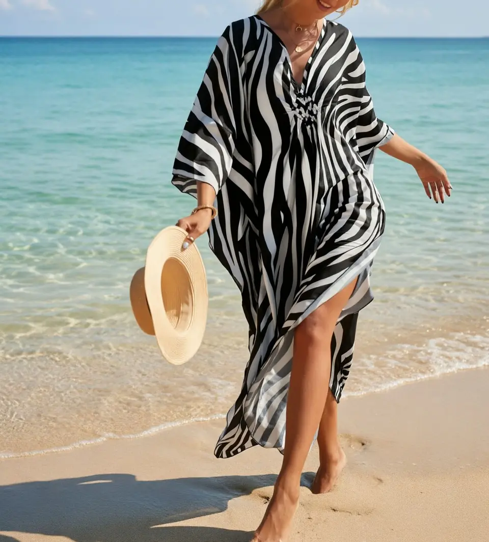 Women's Summer Printed Rayon Beach Cover-Up - Loose, Long, Sun-Protective Vacation Dress; Ideal for Seaside Holidays, Bikini Layering