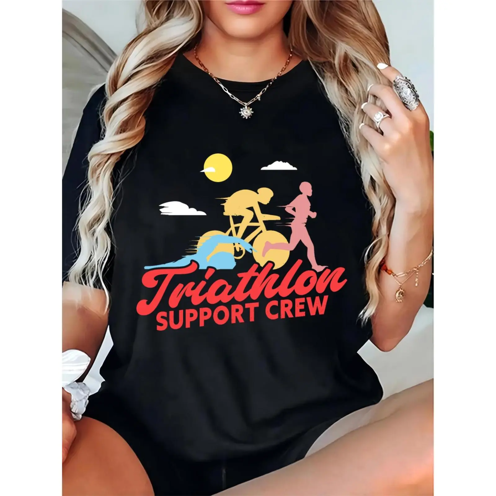Women's Cotton Round Neck Short-Sleeve Triathlon Support Tee - Basic, Simple, Swim Bike Run Graphic, Sun & Clouds Design, Casual Sports Event Apparel for Triathlon Enthusiasts, Comfortable, Feminine, Elegant, Fit