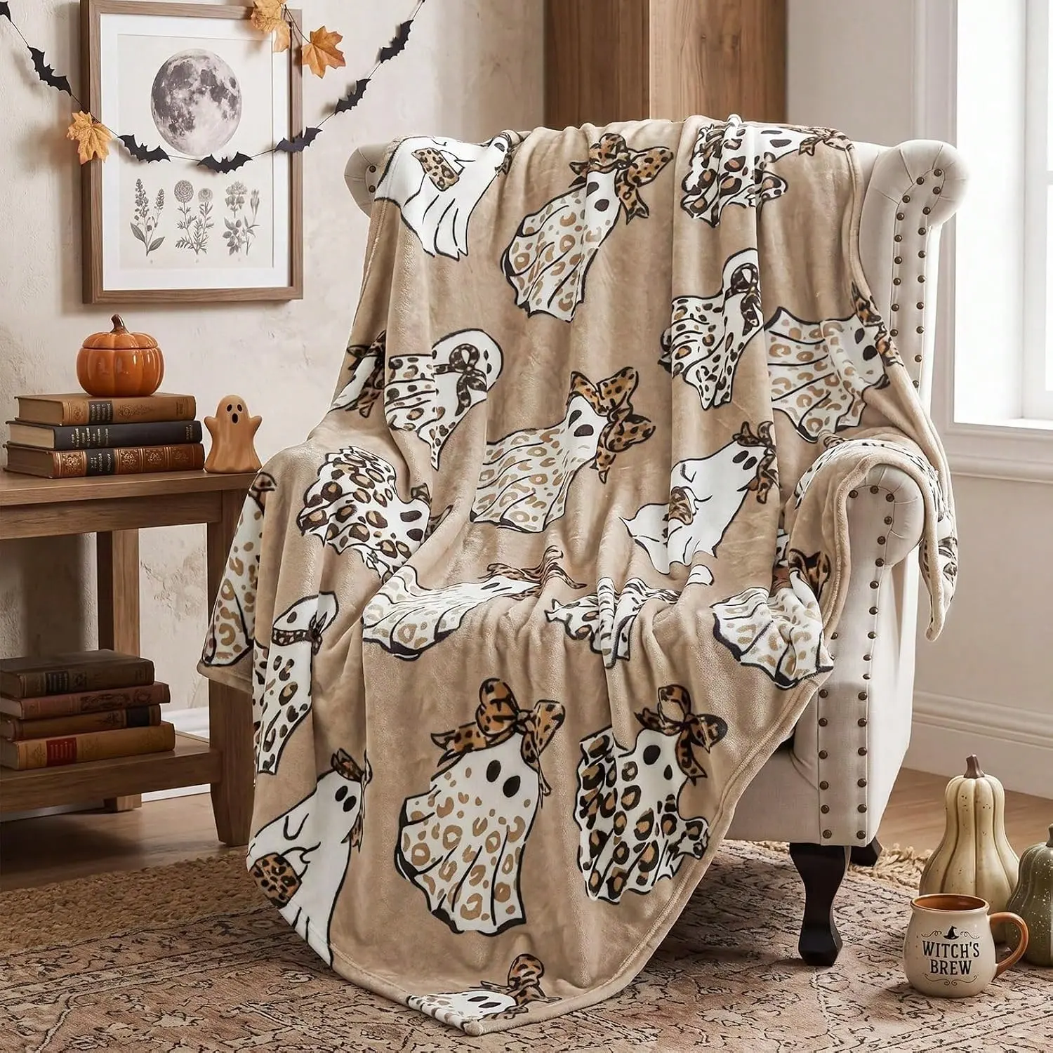 Flannel Leopard Bow Ghost Halloween Throw Blanket, Soft Flannel, Cozy, Cute, Western, Coquette, Halloween Gift, Gift For Her, Wall Tapestry, Room Decor, Home Decor