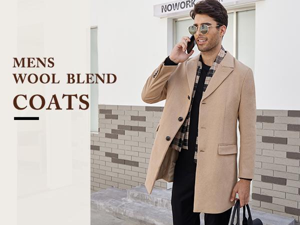 COOFANDY B Men's Wool Blend Coat with Detachable Plaid Scarfs Notched Collar Single Breasted Pea Coat Trench Overcoat