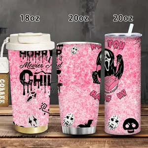 1pc 18oz/20oz Horror-Themed Halloween Artwork, Spooky Characters and Phrases Tumbler with Lid and straw, Winter Insulated Travel Mug, Gift for Women Men, Ideal for Valentine's Day, Birthday Gift, Coffee Cup for Office