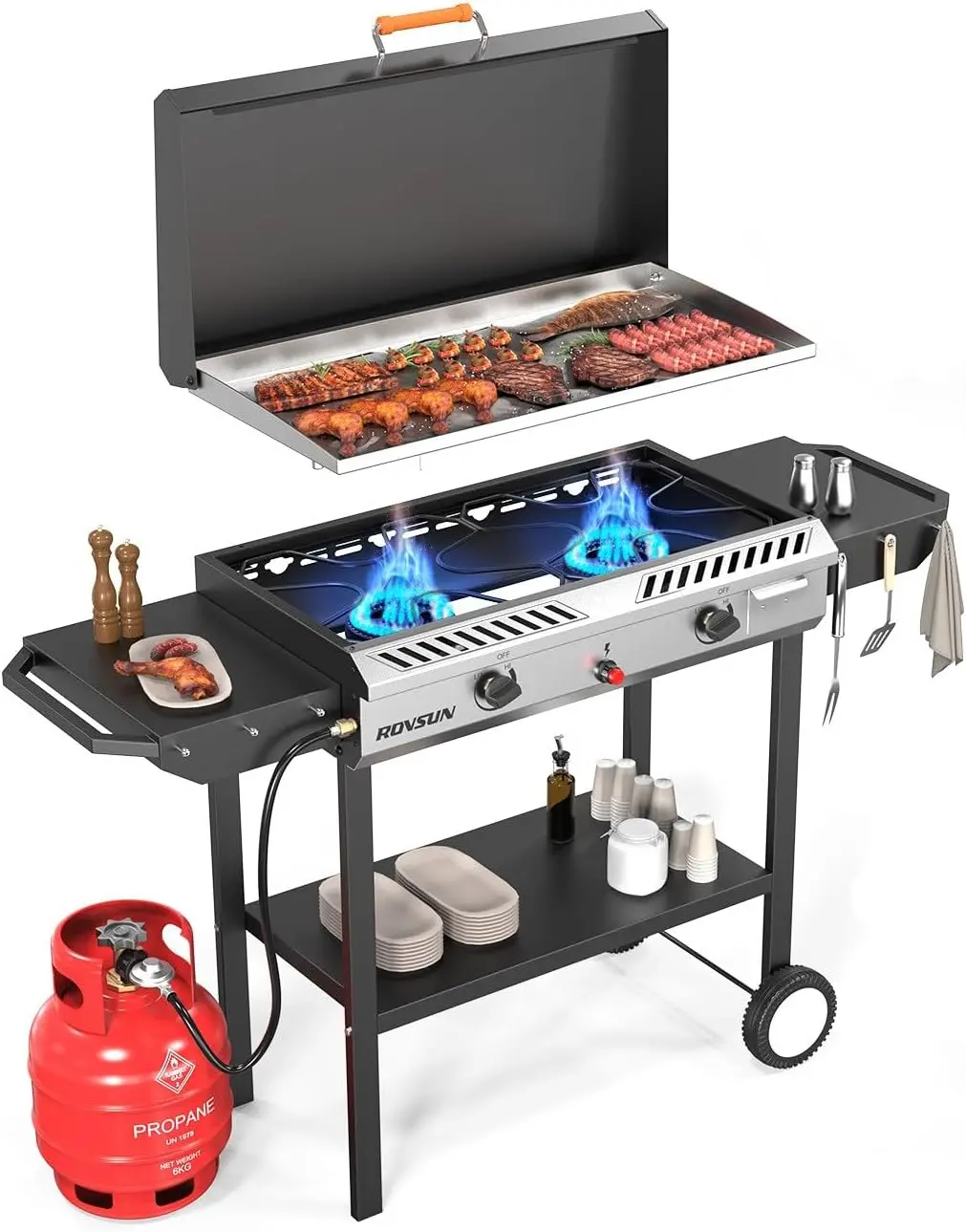 ROVSUN 2-3 Burner Outdoor Propane Gas Stove with Sturdy Metal Square Griddle, Auto-Ignition, Regulator, Side Shelves, 150000-225000 BTU Stand Cooker for Outdoor BBQ, Oil Frying