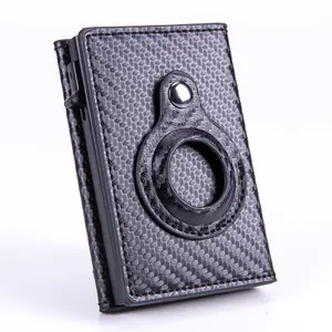 Mens Smart Wallet with Airtag Holder Leather Carbon Fiber Minimalist 9-14 Card Capacity ID Window Cash Slot Anti-theft Compact Gift for Men Dad Husband