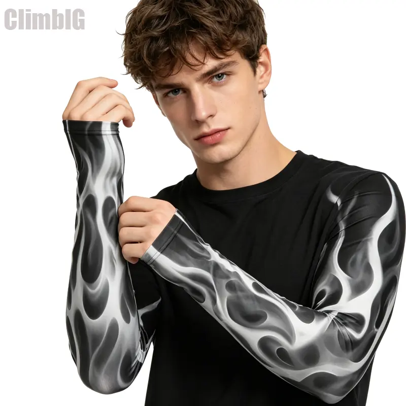 Stylish Black White Flame Compression Arm Sleeves for Men - Snug Fit, UV-Protective, Cooling Synthetics High-Stretchy Knitted Polyester Arm Guards for Basketball, Streetwear Summer Use