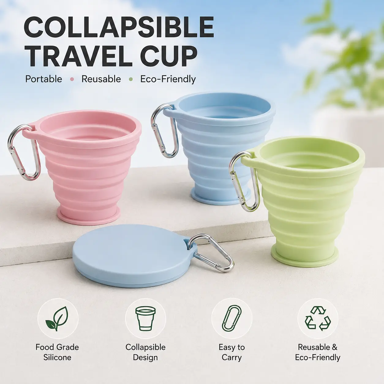 [Back to School]Foldable Silicone Cup with Lid & Buckle, 1 Count Portable Collapsible Travel Water Cup, Outdoor Tableware for Camping & Hiking, Portable Travel Mug - MM2 Tumbler Drinkware Tumbler