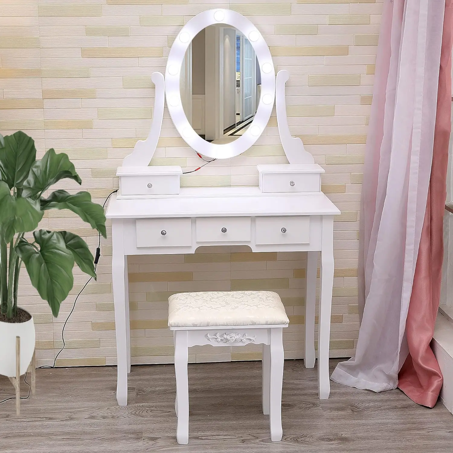 Garvee Modern Makeup Vanity Set with Illuminated Mirror, Padded Stool, and 5 Drawers - Stylish and Functional Dressing Table for Bedroom, Perfect for Women and Young Users