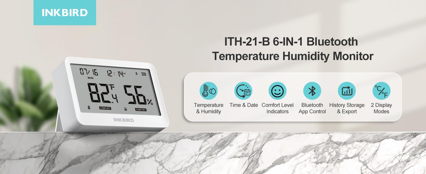 INKBIRD  Bluetooth Thermo-Hygrometer: 6-in-1 Indoor  Monitor with APP control, custom comfort, 2-year data export. For home, wine cellar, greenhouse. Wifi Wireless Thermometer Lcd Thermometer
