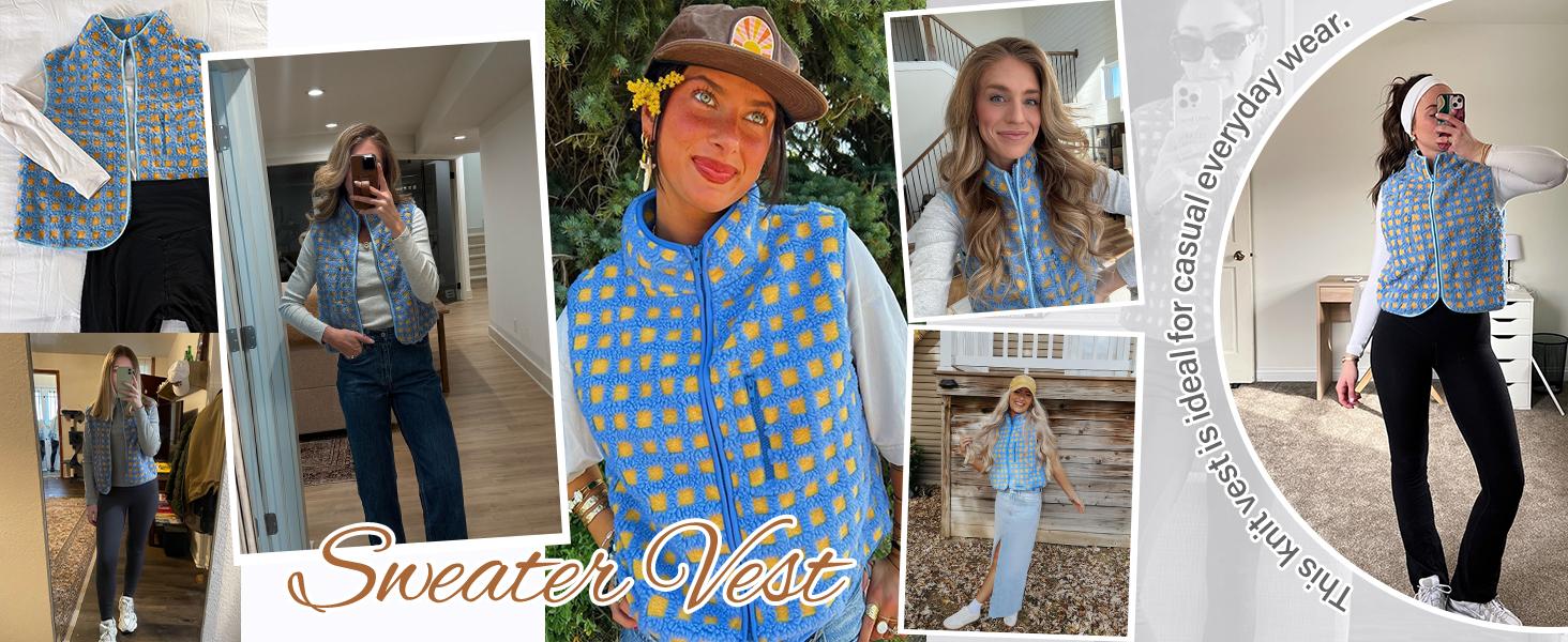 YeeZaa Checkered Sherpa Vest Sleeveless 2025 TikTokShopHolidayHaul Christmas Fall Winter Fleece Jacket TikTokShopBlackFriday High Neck Zip Up Plaid Gilet Top Crochet Collared Autumn Checker Vest with Chest Pocket