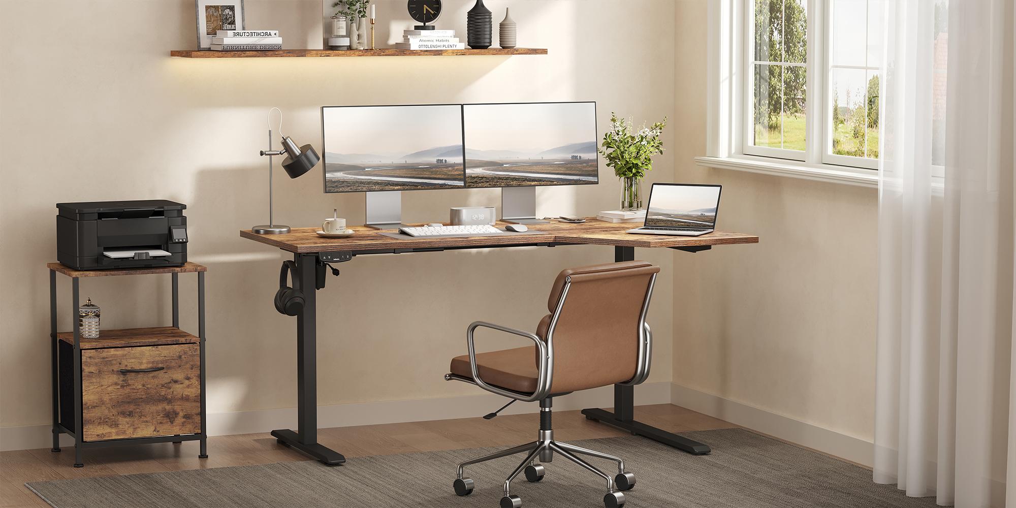 Agilestic 55.1 Inch /59 inch Electric L-Shaped Height Adjustable Standing Desk Sit to Stand Corner Desk with Memory Presets and Hooks Ergonomic Home Office Computer Desk for Workstations,Gaming Desks Gifts for Men and Women,White/Black/Rustic Brown